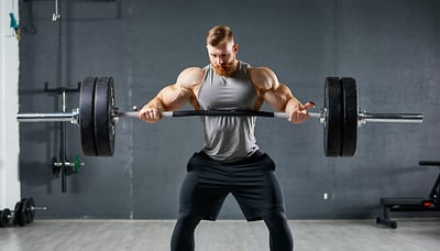 Personal trainer guiding a client through a powerlifting workout. Personal trainer guiding a client through a powerlifting workout.