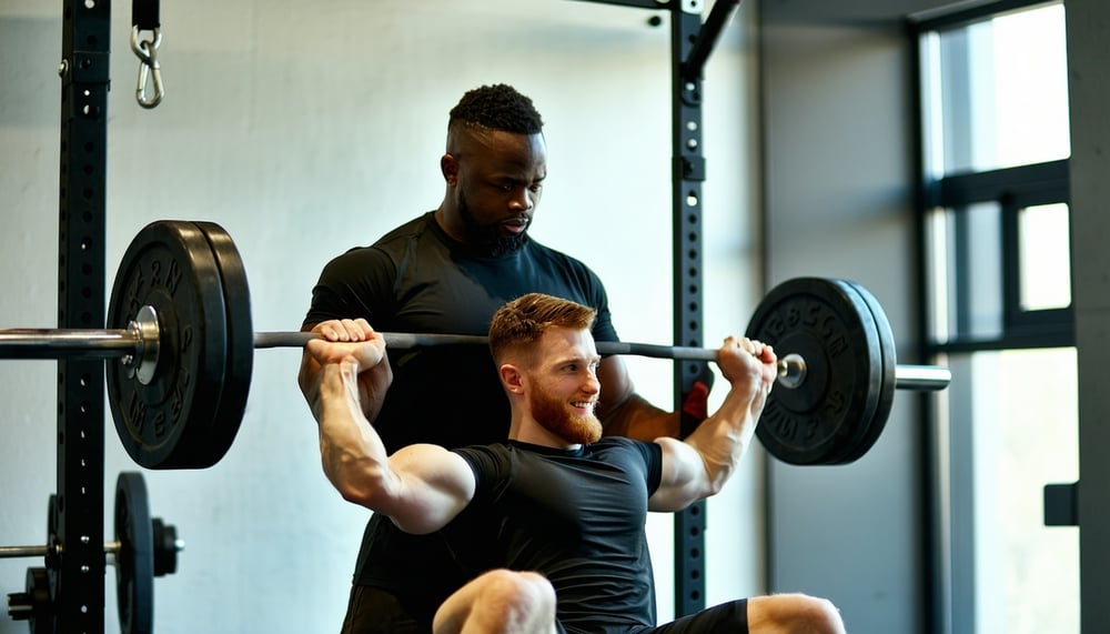 Coach guiding client through a powerlifting workout Coach guiding client through a powerlifting workout